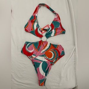 Boohoo Multi Color Cut Out Ring Front One Piece Swimsuit